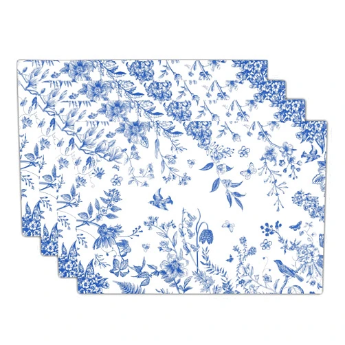 Kawani Blue White Floral Placemats Set of 4 Spring Summer Flower Branches Place Mats 12x18 Inch Chinoiserie Table Mats for Home Kitchen Party Decor