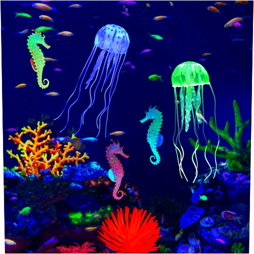 Lpraer 6 Pieces Glow Aquarium Ornaments Artificial Glow Floating Jellyfish Seahorse Anemones Silicone Simulation Fish Tank Decorations for Fish Tank