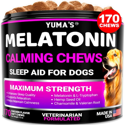 YUMA'S Melatonin for Dogs - 170 Melatonin Chews for Small and Large Dogs - Puppy Sleep Aid - Natural Calming Treats for Stress Anxiety Relief - Canine Sleeping Pills - Thunder, Fireworks, Chewing, Barking