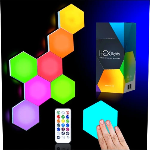 Emberela HEXlights 7-Pack Hexagon Lights, Touch & Remote Controlled RGB Wall Panels, Hexagon LED Lights Panels - Great for Living Room, Bedroom & Game Room Decor - Includes Stand for Tabletop