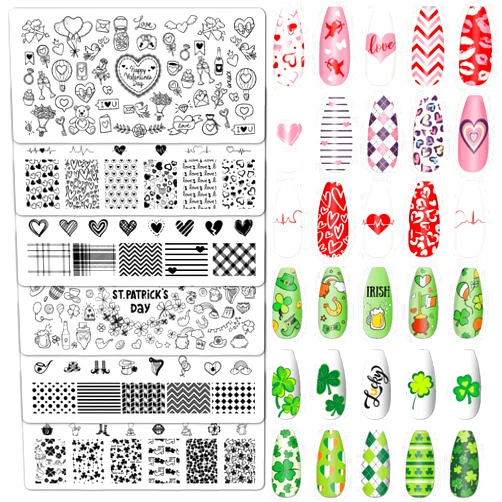 Whaline 6Pcs St. Patrick's Day Valentine's Day Nail Art Stamping Plates Kit Love Heart Spring Shamrock Image Stamp Templates Nail Art Plates Set for DIY Print Manicure Salon Design
