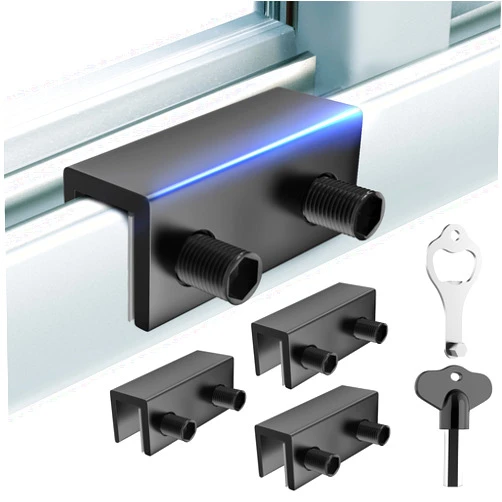 CALDEVER Sliding Window Door Lock Security - 4 Packs Slider Window Stopper for Baby Child Proof Home Safety Secure, Childproof No Drill Patio Slide Glass Window Locks Stop Vertical Key Aluminum Alloy Black