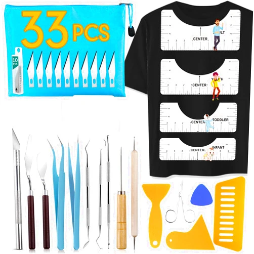 CLOYAN 33pcs Vinyl Weeding Tools with T-Shirt Ruler Guide, Craft Tools Set for DIY Heat Transfer Printing, Weeding Vinyl, Scrapbooking, Lettering, Cutting, Splicing.