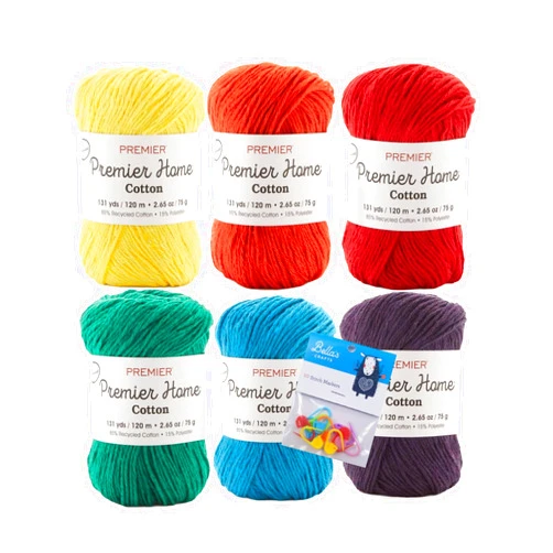 Bella's Crafts Premier Home Cotton Yarn 6-Pack Bundle with Bella's Crafts Stitch Markers (Bright Solid Mix)