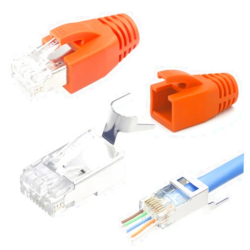 VCELINK Cat7 Cat6A RJ45 Pass Through Connectors Shielded 30-Pack, UL-Listed 3-Prong 50μ Gold Plated Modular Plug Ethernet Ends with Strain Relief Boots (Orange)