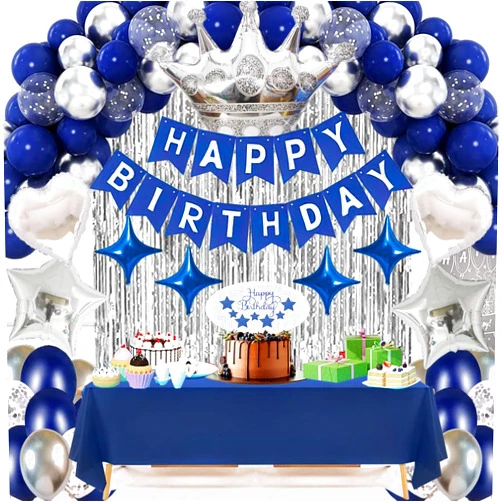 JiaYJinX Navy Blue Happy Birthday Party Decorations Set for Men Boys Women Girls, Banner, Crown Balloon, Fringe Curtains, Cake Topper，tablecloth for 16th 18th 21st 25th 30th 40th 50th Party Supplies