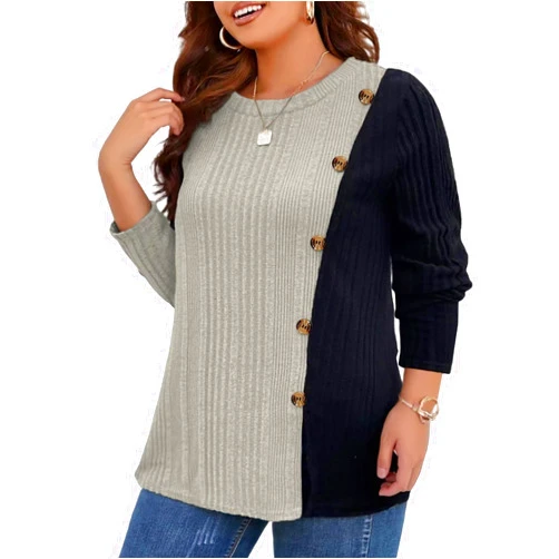 VISLILY Womens-Plus-Size-Long-Sleeve-Tops Color Block Lightweight Sweaters Casual Crewneck Shirts Button Decor Tunics Blouses