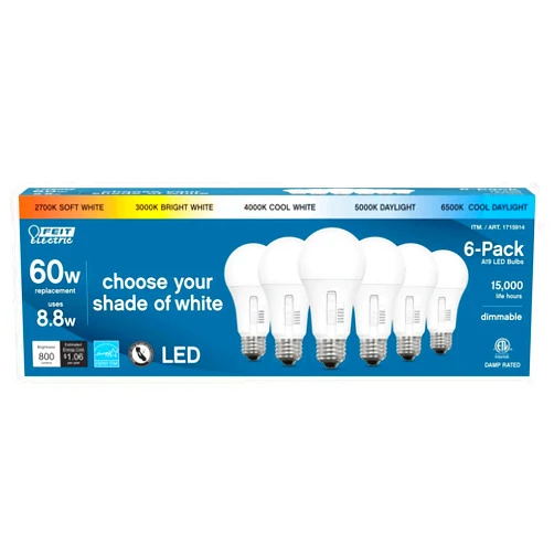 Feit Electric LED 5-Color Choice - 60W Equivalent - 800 Lumen, 2700K Soft Whit, 3000K Bright White, 4000K Cool White, 5000K Daylight and 6500K Cool Daylight, A19, ART 1715914