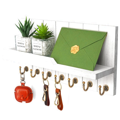 Rebee Vision Decorative Key and Mail Holder for Wall - Farmhouse 15 Inches Floating Shelf with 7 Sturdy Key Hooks for Home Entryway Wall Decor - Rustic Key Racks (White)
