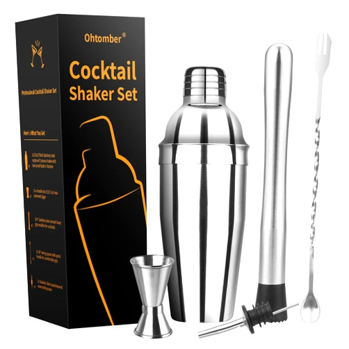 Ohtomber Cocktail Shaker Bartender Kit - 5PCS Cocktail Martini Shaker with Strainer, Muddler for Cocktails, Bar Spoon, Measuring Jigger for Bartending and Liquor Bottle Pourers, Drink Mixer Bar Tools