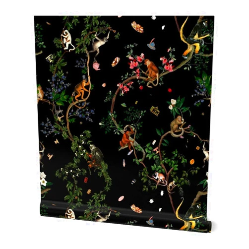 Spoonflower Removable Wallpaper 3ft x 2ft - Black Chinoiserie Monkey Jungle Rainforest Exotic Wild Animals Custom Pre-Pasted Wallpaper by Spoonflower