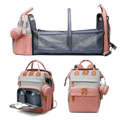 Jeryswet Baby Diaper Bags with Changing Station, Waterproof Large Capacity Diaper Bag Backpack for Moms Dads with USB Charging Port and Stroller Straps, Baby Shower Gifts, Pink-Grey