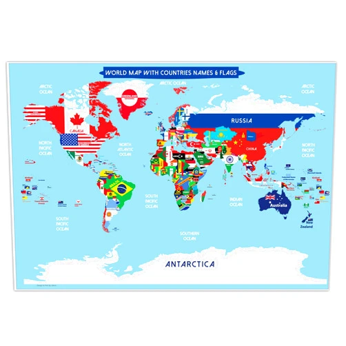 Zelica World Map Poster with Countries FLAGS For Kids (SMALL size13x19 World Map Laminated) Perfect World wall Map for School classroom or home