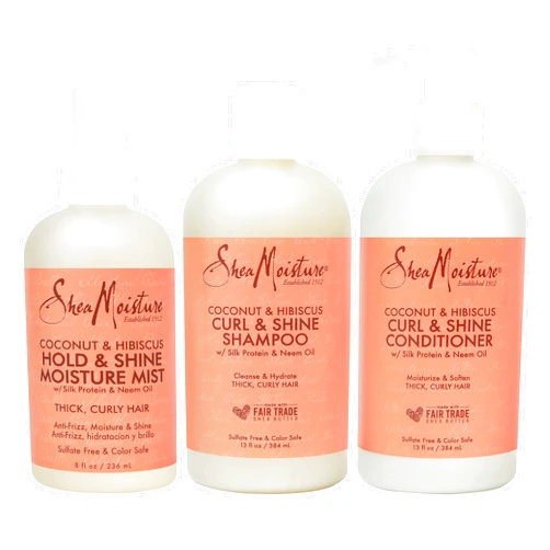 SheaMoisture Moisturize and Define Shampoo, Conditioner, and Curl and Shine Mist for Curly Hair Care Coconut and Hibiscus with Shea Butter and Coconut Oil