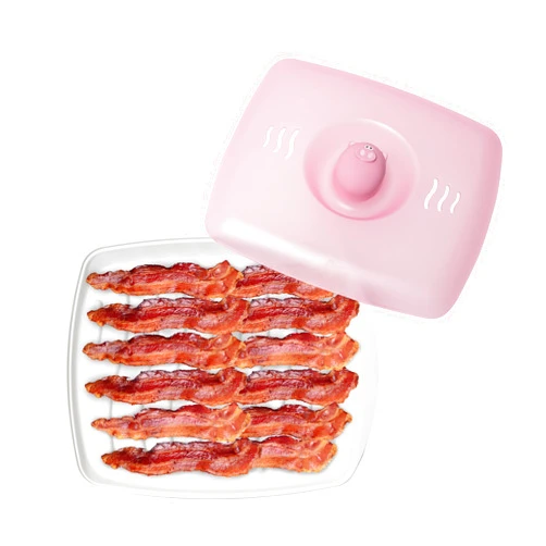 Joie Piggy Microwave Bacon Grooved Cooking Tray with Splatter Lid, Holds 4-5 Strips of Bacon, Easy to Clean, Convenient Kitchen Tool, BPA-Free, Dishwasher Safe