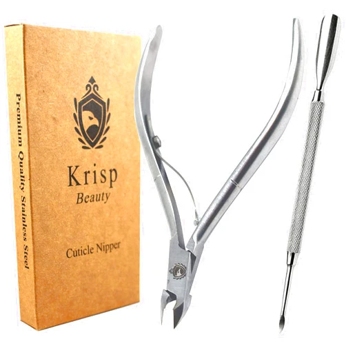 Krisp Beauty Cuticle Trimmer 3/4 Jaw Extremely Sharp Edge Nail Nippers Scissors Cuticle Pusher Stainless Steel Clippers Cutter Remover Pedicure Manicure Fingernail Tools (2 PC Set) By Krisp Beauty
