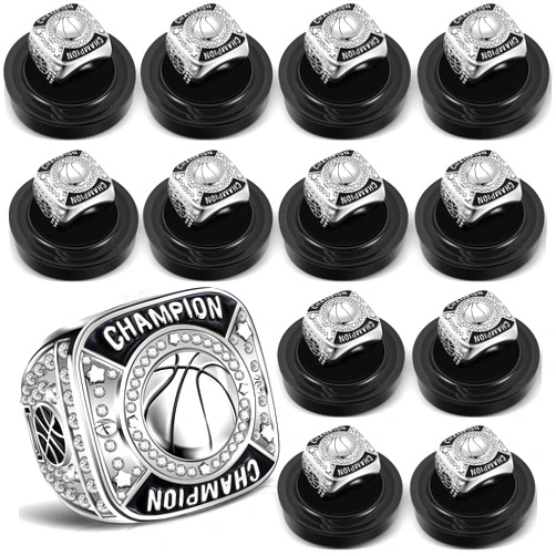 Remuuly 12 Pcs Basketball Champion Rings Basketball Champion Trophy Rings Award Gift Prize with Display Neck Chain and Stand for Basketball Tournament or Champion Winner