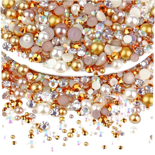 Towenm 60g Mix Pearls and Rhinestones, Rhinestones Pearls for Crafts Tumblers Shoes Nails Face Art, 2mm-10mm Mixed Sizes Flatback Half Pearls and Rhinestones, Champagne Gold Blend