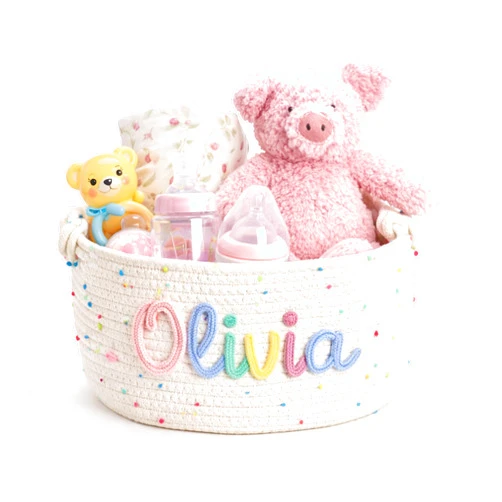 MBBEST Personalized Baby Basket with Name, Cotton Rope Nursery Storage Basket, Custom Baby Shower Basket, Small Diaper Caddy Organizer for Boys & Girls，Cute Girl & Boy Baby Gifts
