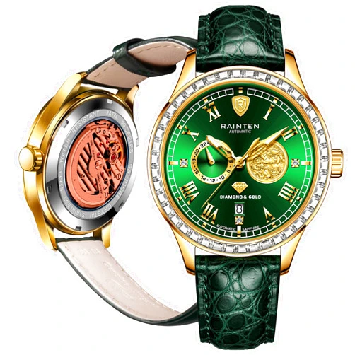 RAINTEN R9001 Automatic Watch, Luxury Mechanical Watches for Men with Gold Dragon, Leather Band & Date Calendar Luminous Automatic Men's Wrist Watches