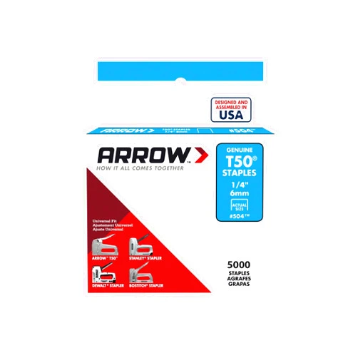 Arrow Fastener 504IP Heavy Duty T50 Staples for Upholstery, Construction, Furniture, Crafts, 3/8-Inch Crown Size, 1/4-Inch Leg Length, 5000-Pack