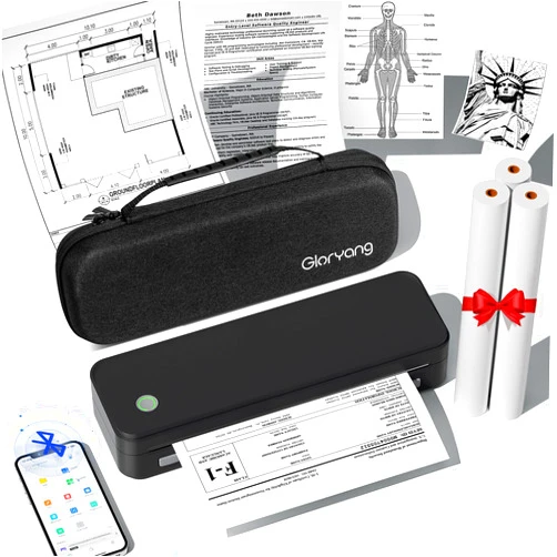 Gloryang Inkless Portable Printer for Travel, Wireless Thermal Printer Supports 8.5 x 11 Inch US Letter Size, Bluetooth Printer Includes Carry Case and 3 Rolls of Thermal Paper Kit, Black