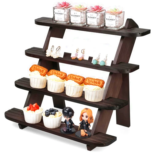 WHEARTED Wooden Display Riser,3 Tier Earring & Ring Holder Stands,Farmhouse Cupcake Stands ,Table Display Stand For Vendors,Organizer Showcase for Tabletop Shows and Home Using ,Wood Rustic Risers (Walnut-4)