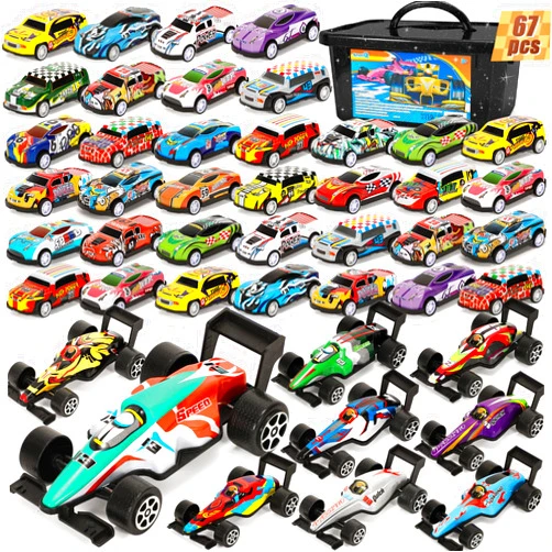 SevenQ Party Favors Toy Cars for Boys with Storage Box, 67Pcs Pull Back Cars F1 Race Cars Bulk, Treasure Box Toys for Classroom Goodie Bag Stocking Stuffers for Kids Toddler Vehicles Mini Fidget Toys