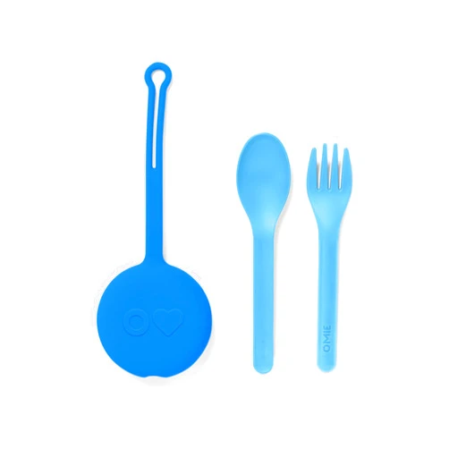Omie OmieBox Kids Utensils Set with Case - 2 Piece Plastic, Reusable Fork and Spoon Silverware with Pod for Kids (Blue)