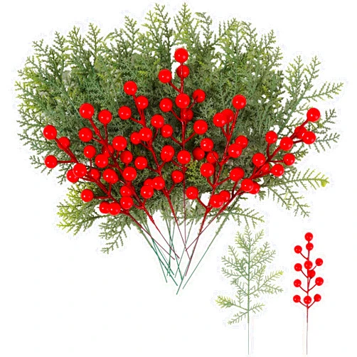 LOVYNO 50PCS Artificial Pine Leaves Branches with 8PCS Artificial Red Berry Stems Christmas Artificial Pine Branches Green Plants Pine Needles for DIY Christmas Garland Wreath Gift Decoration