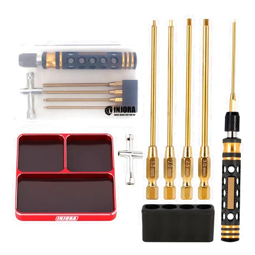 INJORA RC Repair Tool Hex Screwdriver 4 in 1- Allen Wrenches Set with Magnetic Screw Tray for 1/10 1/8 RC Car Model Crawler Upgrade Parts(Red)