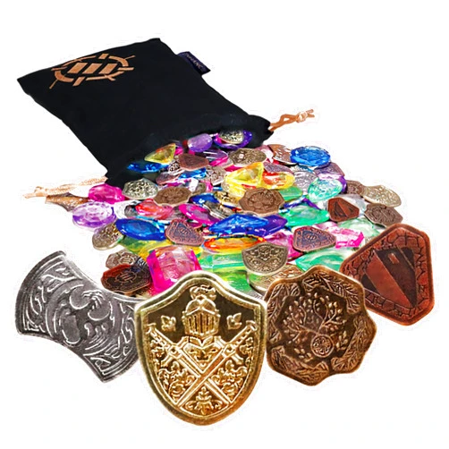 ENHANCE Tabletop Treasure Token Set - 40 Metal MTG Tokens (x10 Each Design) with Acrylic Assorted Gems (40+) and Drawstring Pouch, Counters for RPG Games - MTG Counters, DND Coins for Tabletop Games