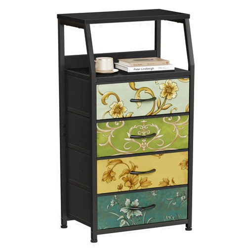 Furnulem Night Stand with 4 Drawers, Retro Dresser for Bedroom, Vertical Storage Tower Fabric Dresser, Entryway, Nursery, Closet Organizer, Nightstand Bedside Table Side Furniture, Wood Top