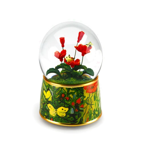MusicBoxAttic Red Poppies and Butterflies 18 Note Musical Water Globe-Many Songs to Choose-Bolero