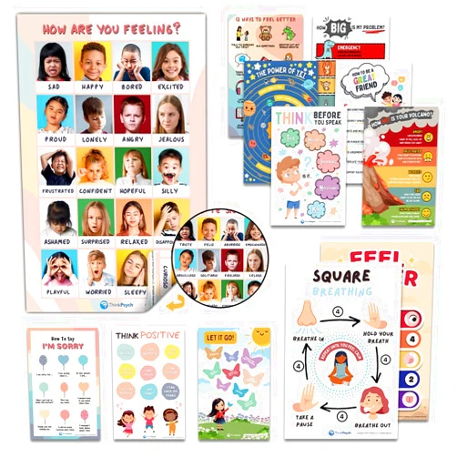 ThinkPsych 12 Laminated Feelings Posters for Kids - English & Spanish - Calm Down Corner Supplies - Therapy & School Counselor Supplies - Emotions Posters for Home and Calming Corner Classroom