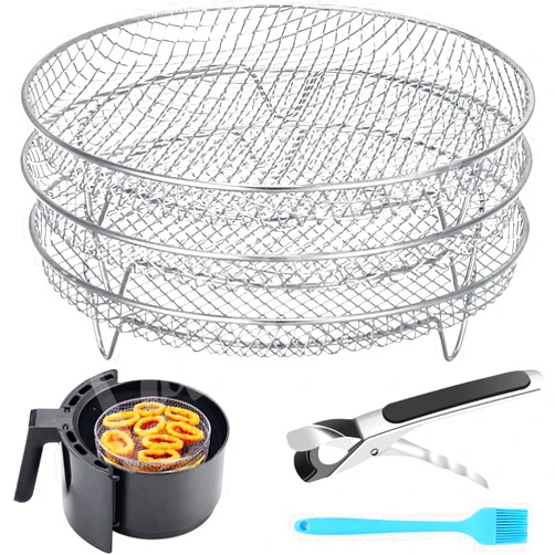 Lancisism Air Fryer Accessories - Three Stackable Dehydrator Racks for Ninja, Instant Pot Vortex, COSORI, CHEFMAN, Gowise, Ultrean, Gourmia - 304 Stainless Steel Grill Rack Fits 4.2-5.8 QT Air Fryer, Oven