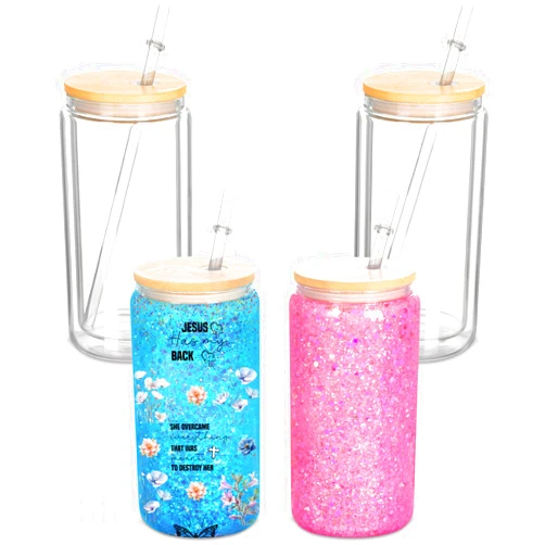 Micellwuu 4 Pack 16 Oz Sublimation Snow Globe Tumbler, Snow Globe Cups with Pre Drilled Hole, Double Wall Beer Can Glass Mason Jar Mug with Bamboo Lids and Straws for Snowglobe DIY