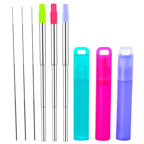 NAIVELY Reusable Straws 3 Pack Collapsible Stainless Steel Straw, Portable Straws Reusable with Case, Retractable Pocket Drinking Straw Travel Straws