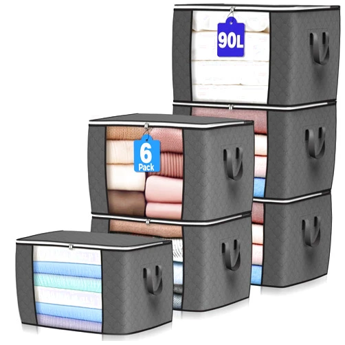 Budding Joy 90 L Large Storage Bags, 6 Pack Clothes Storage Bins Foldable Closet Organizers Storage Containers with Reinforced Handle for Clothing, Blanket, Comforters, Bed Sheets, Pillows and Toys (Gray)