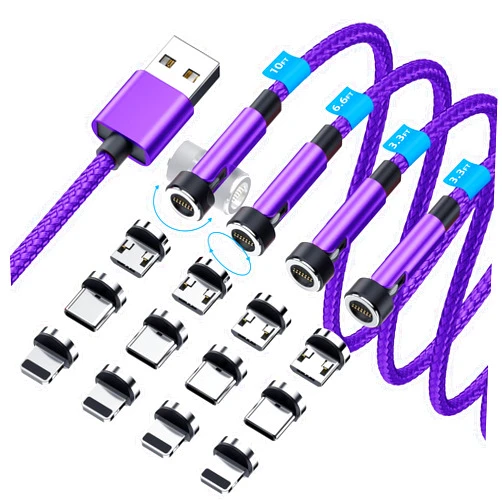 Ankndo 540° Rotation Magnetic Charging Cable 3 in 1 Magnetic Phone Charger [4-Pack, 3ft/3ft/6ft/10ft] 3A Fast Charging Cable & Data Transfer USB Magnet Charger Cable for i-P/Micro USB/Type C Device-Purple