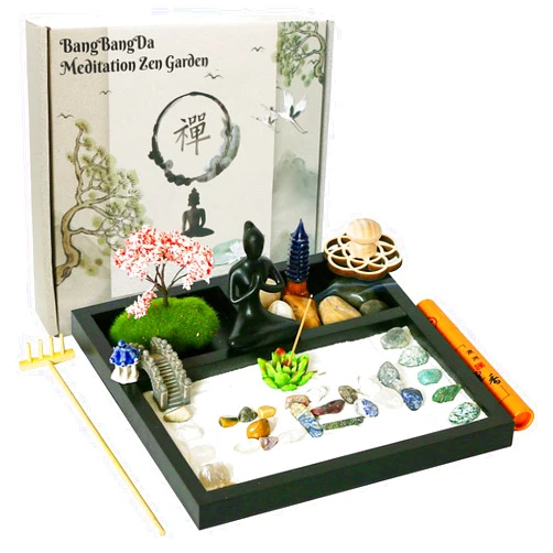 BangBangDa Desktop Meditation Yoga Zen Garden Kit Japanese Tabletop Rock Sand Chakra Shrine Altar Japanese Zen Decor Home Office Desk Zen Gifts for Women Man Birthday w/Rake Tool Accessories Bonsai
