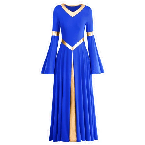IBAKOM Praise Liturgical Dance Costume for Women Loose Fit Full Length Metallic Gold V-Neck Worship Long Dress Dancewear
