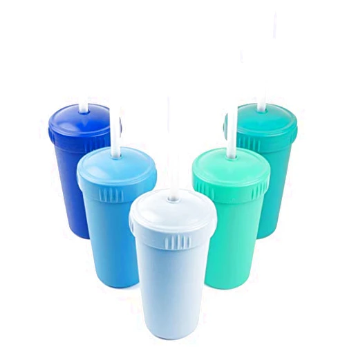 Re-Play Set of 5 Straw Cups with Silicone Straws - Made in USA from Recycled Plastic - Stackable and Easy to Clean - Dishwasher Safe - BPA Free - The Blues