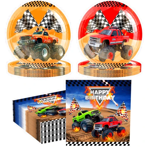 Funnio lucu 40PCS Monster Truck Party Supplies Decorations Birthday Paper Plates and Napkins Car Themed Party Decorations Disposable Dessert Dinnerwares for Boys Girls Baby Shower Birthday Decor