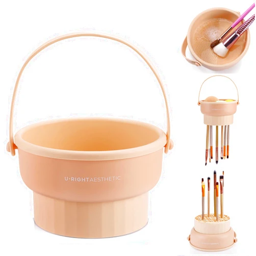 GOLIKEE Makeup Brush Cleaner Mat 3 in 1 Silicone Makeup Brush Cleaner Bowl Cosmetic Brushes Cleaning Tool Organizer for Storage and Air Drying（Khaki）