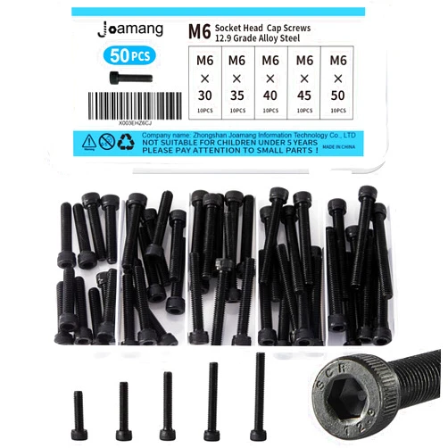 Joamang M6 x 30mm 35mm 40mm 45mm 50mm Hex Socket Head Cap Screws Bolts, 12.9 Grade Alloy Steel, Black Oxide Finish, Metric Allen Drive, Fully Threaded, Assortment Kit 50Pcs