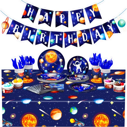 Tiamon Outer Space Birthday Party Supplies Serve 24 Space Party Tableware Set Including Happy Birthday Banner Solar System Tablecloth Paper Plates Cups Napkins Knives Forks Spoons for Kids Party Decoration