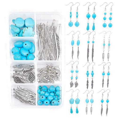 SUNNYCLUE 1 Box DIY 12 Pairs Turquoise Bead Dangle Earrings Making Kit Alloy Enamel Leaf Feather Pendants Charms with Eye Pin & Earring Hooks for DIY Earring Jewelery Making, Antique Silver