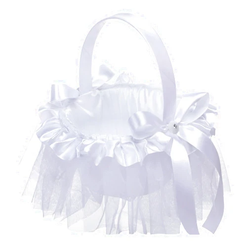 ChYoung Flower Girl Basket Satin Flower Baskets Handwoven Small Flower Basket with Pearl Handle Rustic White Wedding Baskets for Ceremony Wedding Home Decorations Photo Props
