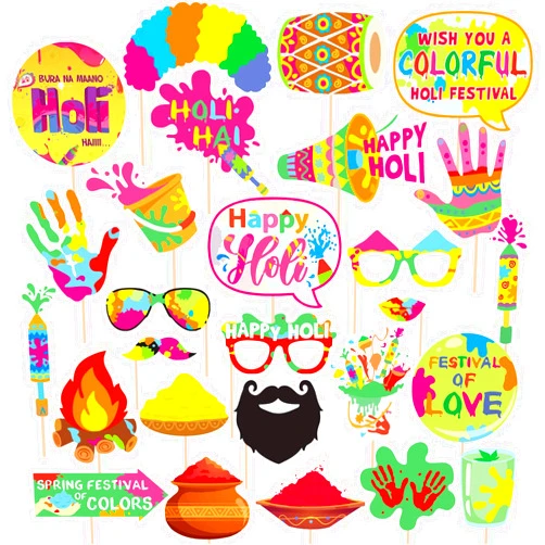 ZYOZIQUE Holi Festival Photo Props Happy Spring Indian Color Festival Photo Booths, Holi Bollywood Party Supplies, 27 PCS